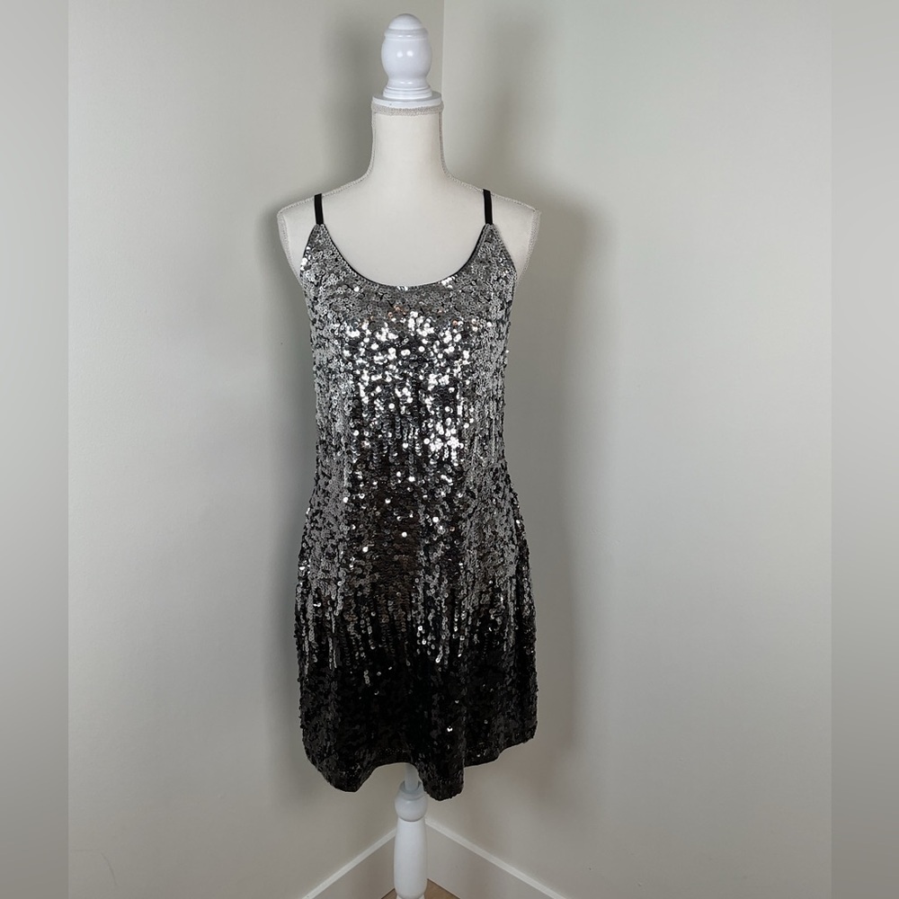 Silver and Black Sequin Embellished Mini Dress